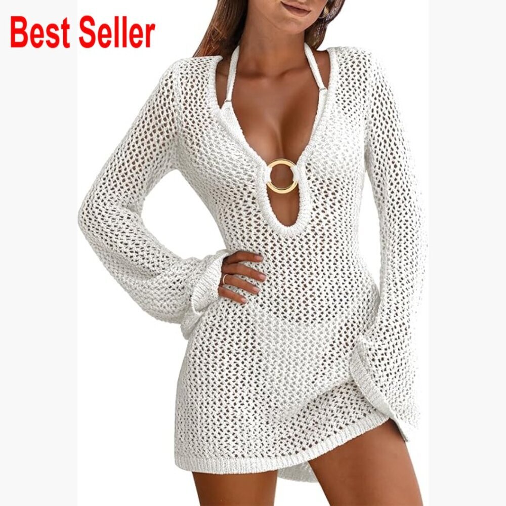 Acrylic Crochet Beach Cover Up Swimsuit Dress Hollow Out Mesh - Picture 1 of 7